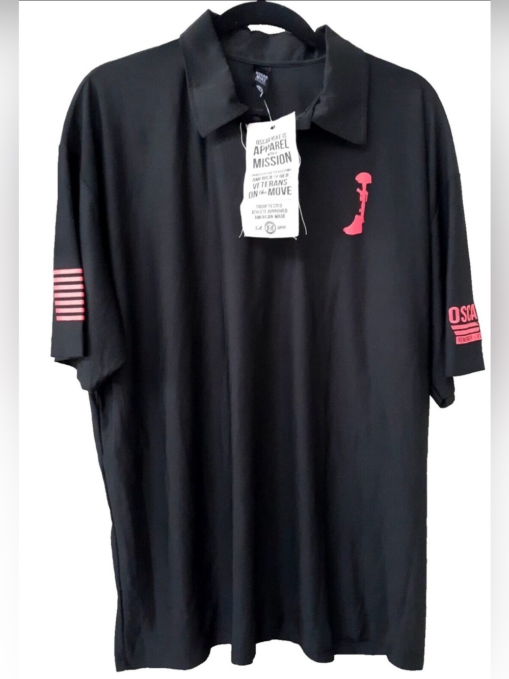 Oscar Mike Men's Black Polo with Red Logo and Sleeve Accents